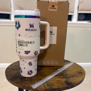 Stanley White Tumbler with Purple Floral Accents and Iridescent Rim